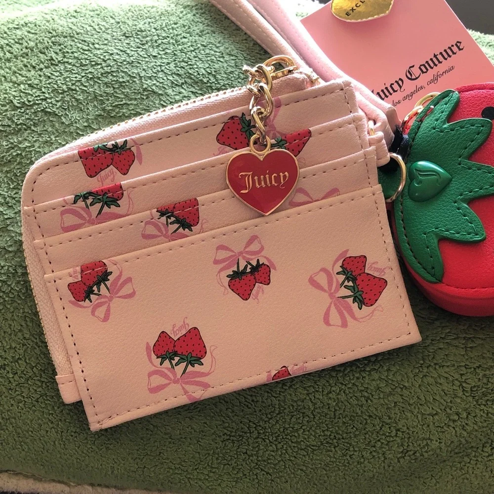 Juicy Couture Pink Cardholder Wristlet with Red & Green Strawberry Charm